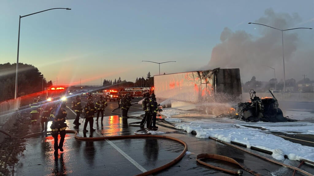Tesla semi-truck engulfed in flames on I-880 in Hayward, causing significant traffic delays